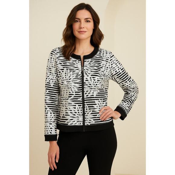 Joseph Ribkoff Jackets & Blazers - Joseph Ribkoff Full Zip Vinyl Shimmer Striped Floral Jacket Black White Size 12